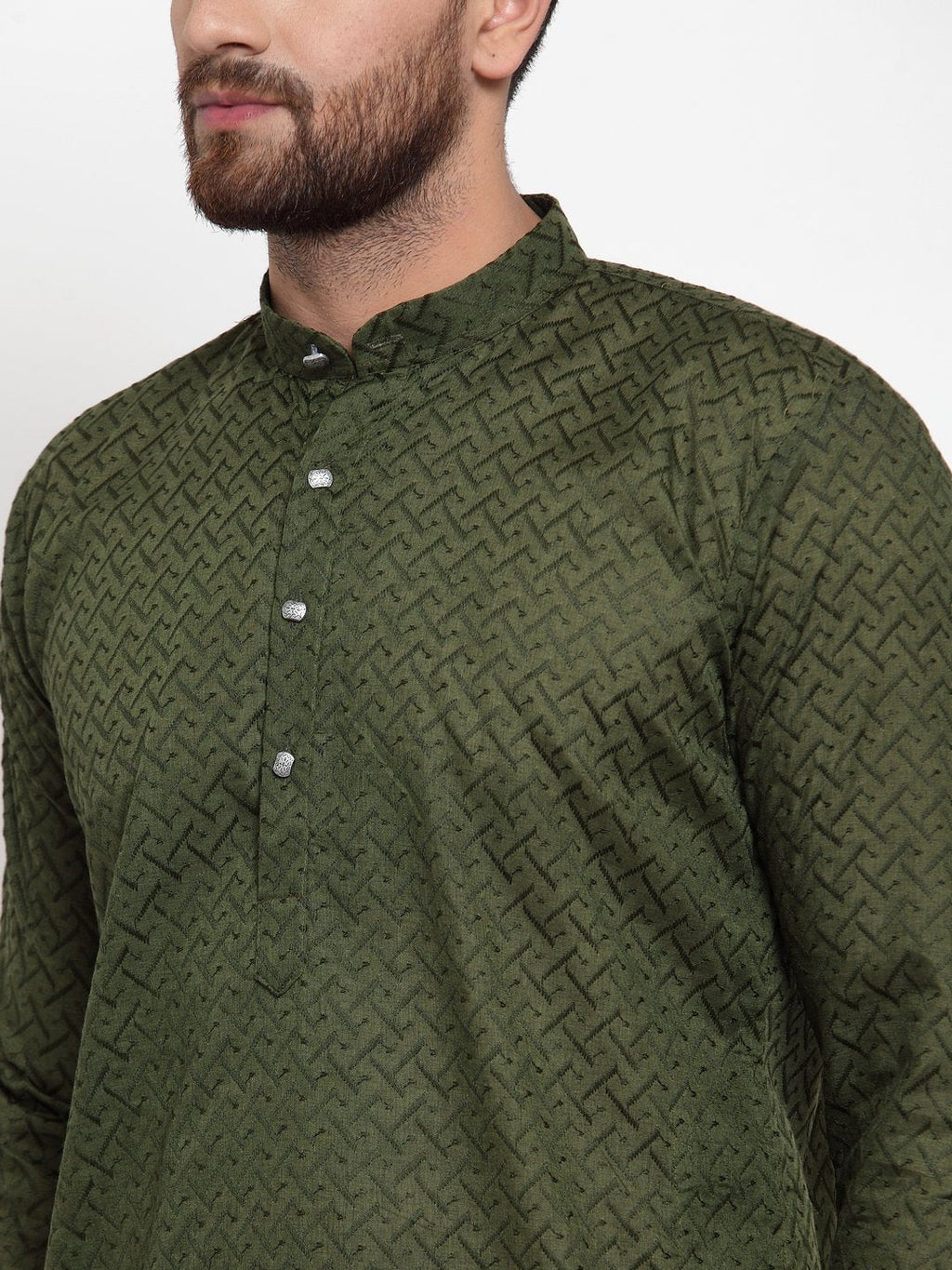 Jompers Men Olive Green Chikan Kurta Only
