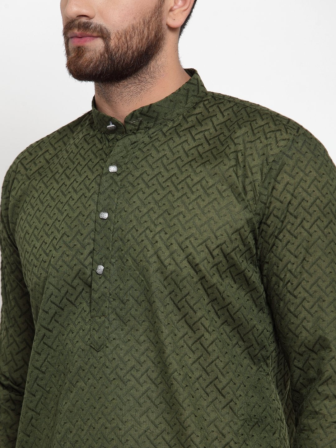 Jompers Men Olive Green Chikan Kurta Only