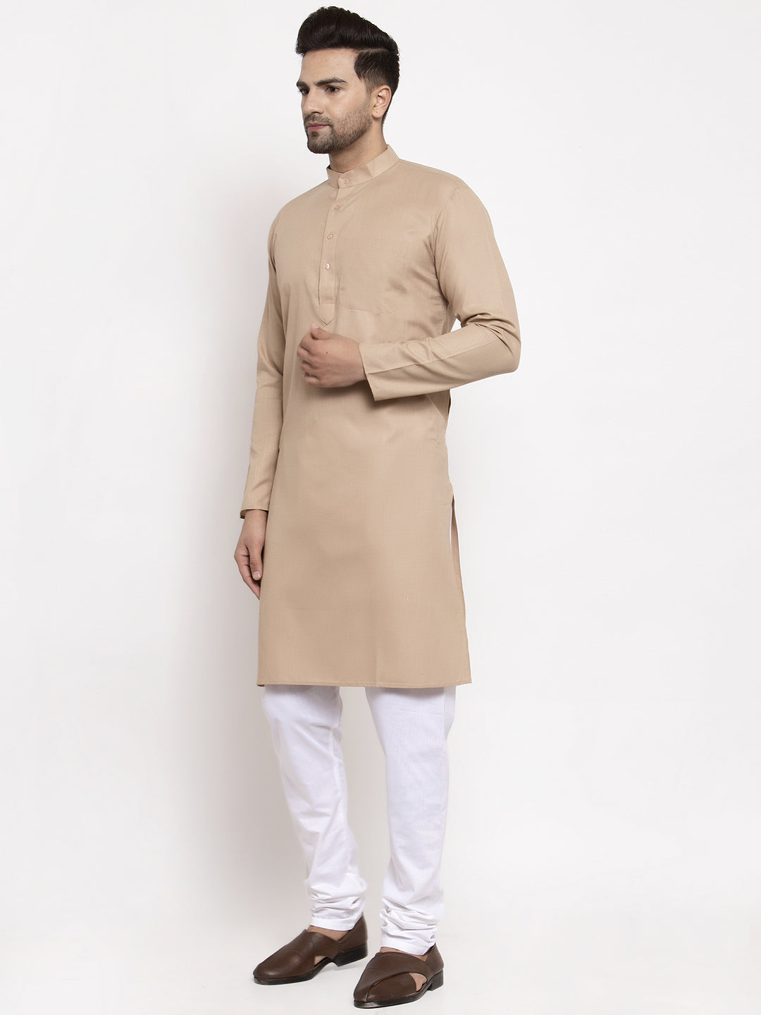 Jompers Men Light-Brown & White Solid Kurta with Churidar