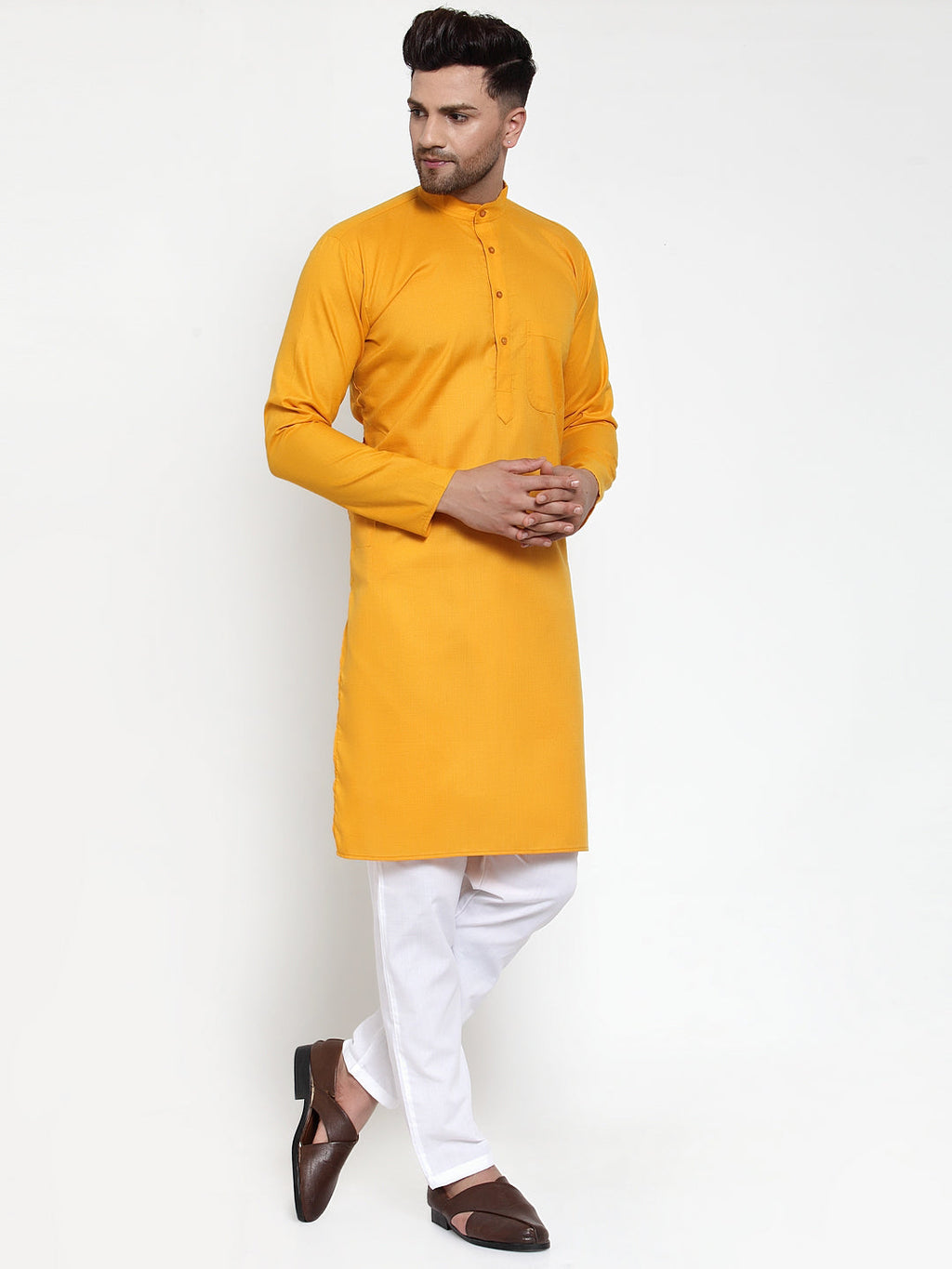 Jompers Men Mustard Yellow & White Solid Kurta with Churidar