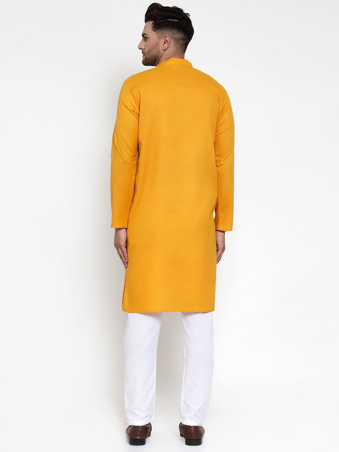 Jompers Men Mustard Yellow & White Solid Kurta with Churidar