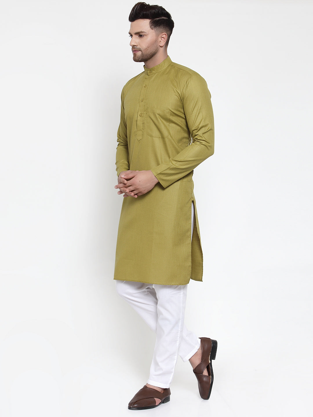 Jompers Men Olive Green & White Solid Kurta with Churidar