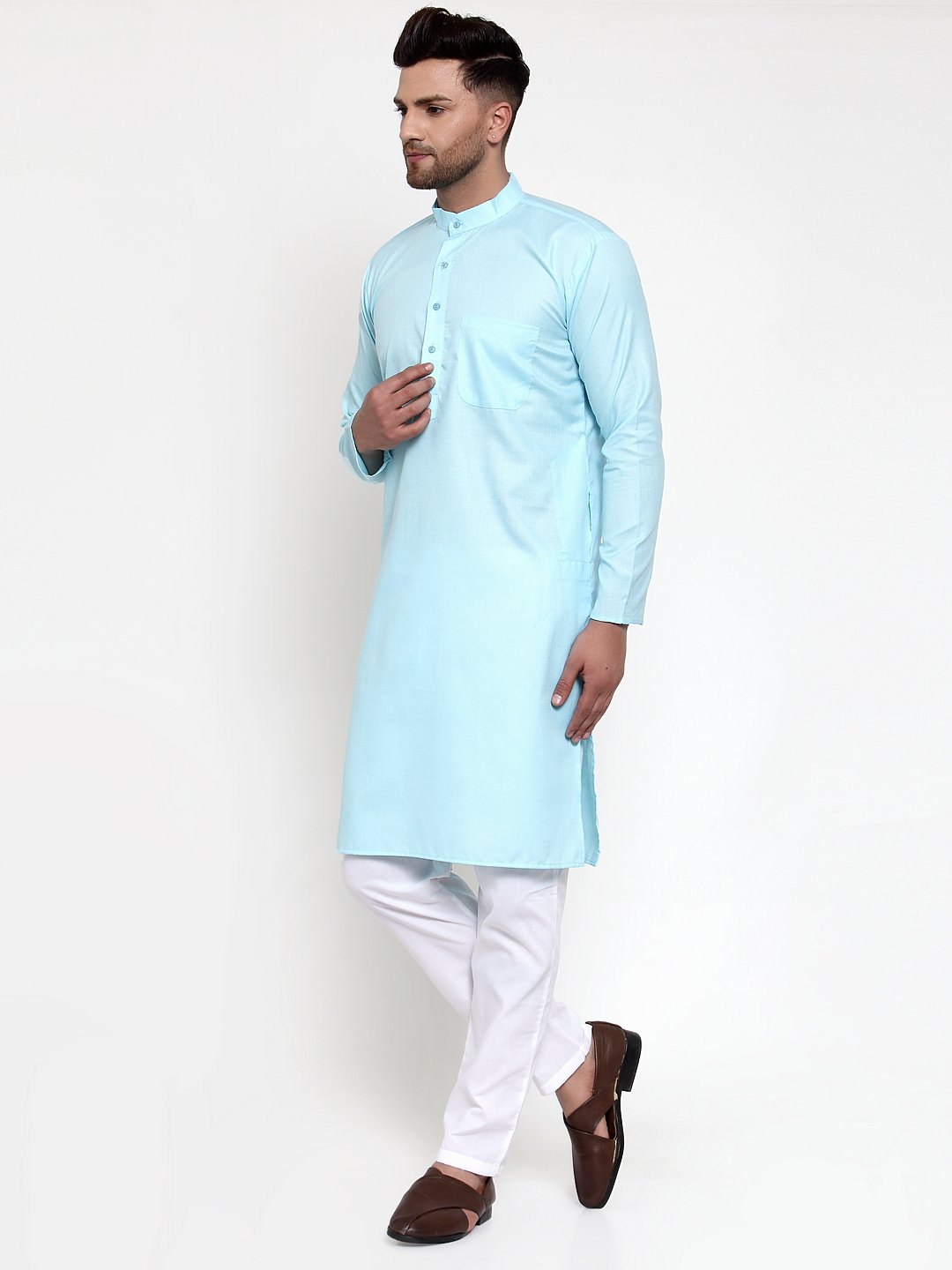 Jompers Men Sky-Blue & White Solid Kurta Only