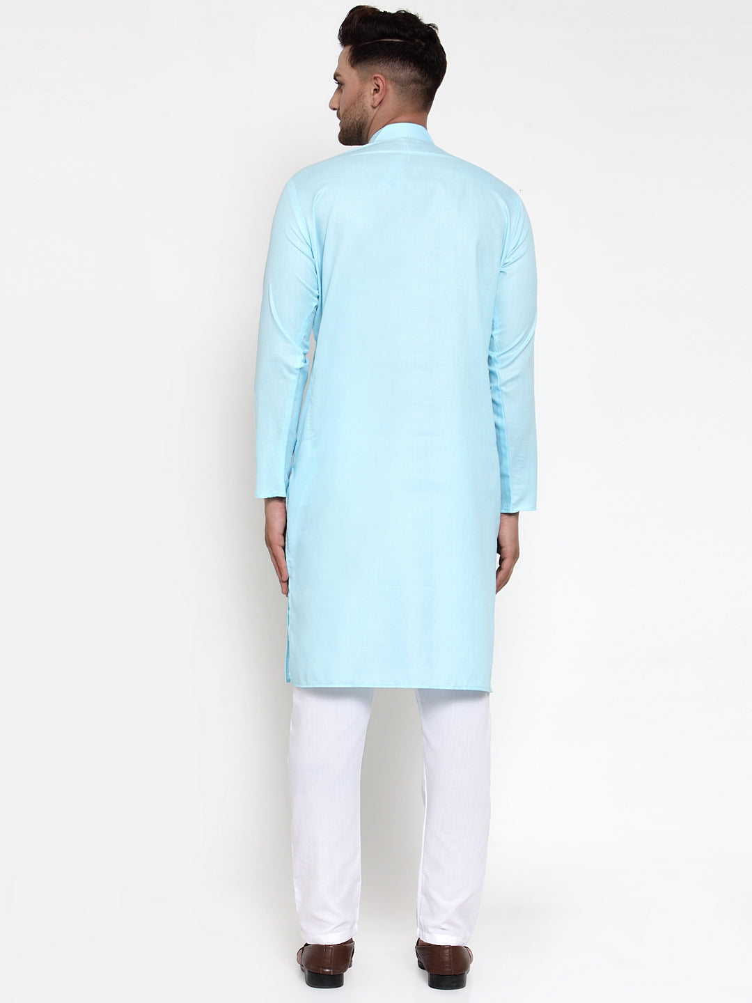 Jompers Men Sky-Blue & White Solid Kurta with Churidar