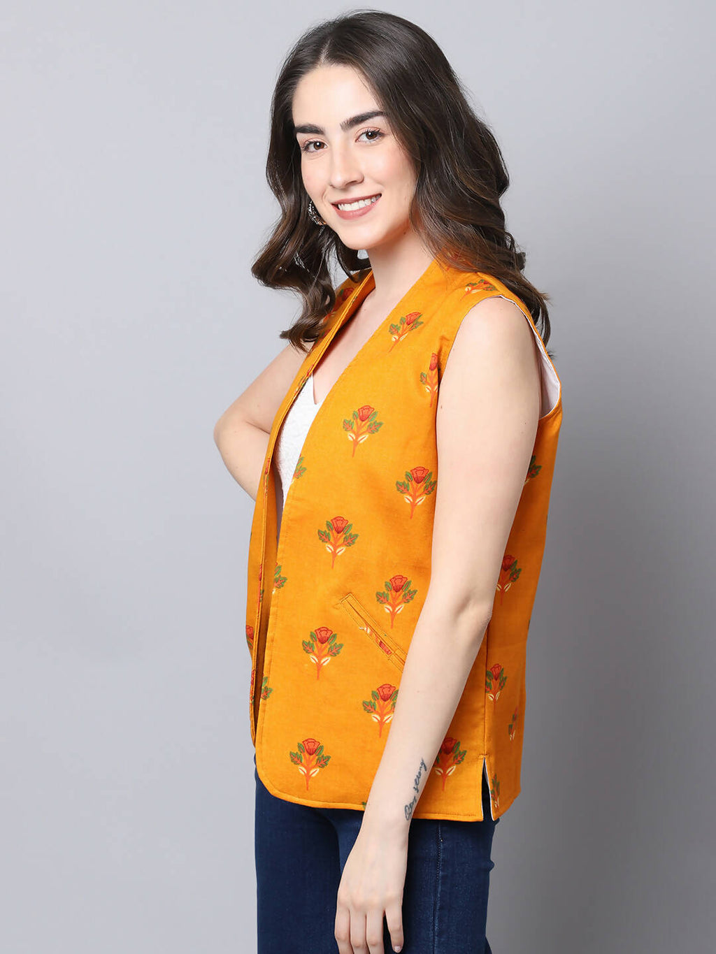 Even Apparels Yellow 100% Viscose Rayon Open Front Gillet (BF009)