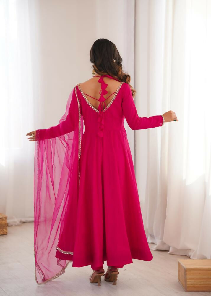 Lehenga Mart Designer Anarkali Suit With Kurta, Pant, Dupatta For Women-Dark Pink