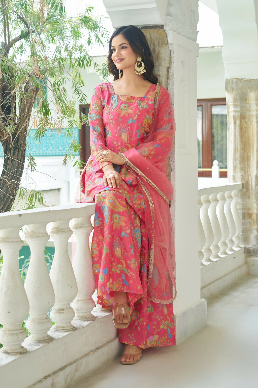 Joban Fashion Pink Kurta Set Chinnon Embroidery Sequence Work