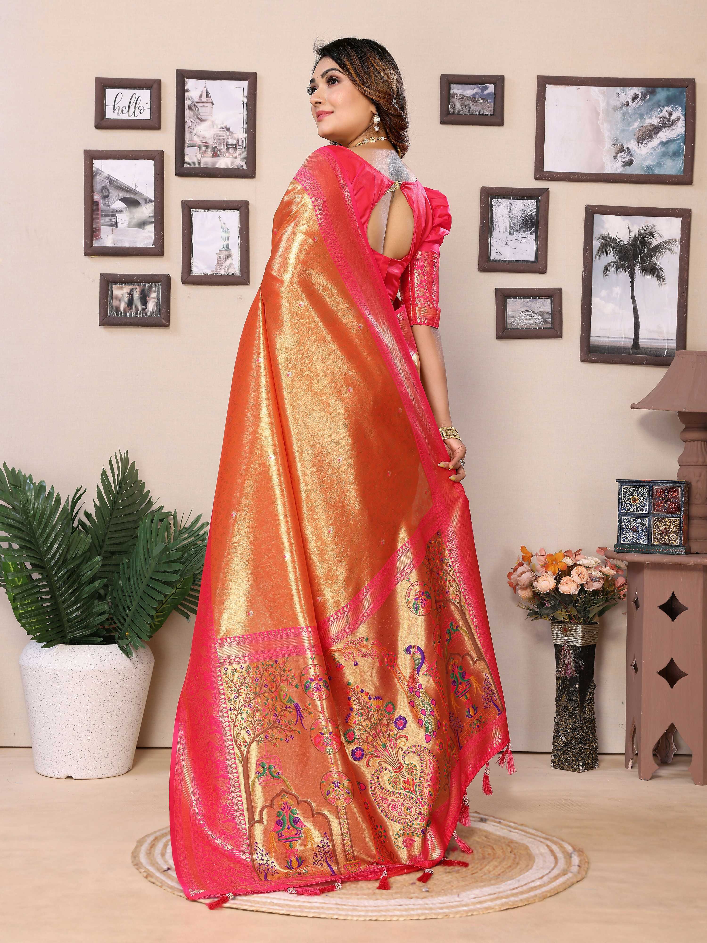 Aastha Fashion Orange Tissue Silk Weaving Saree