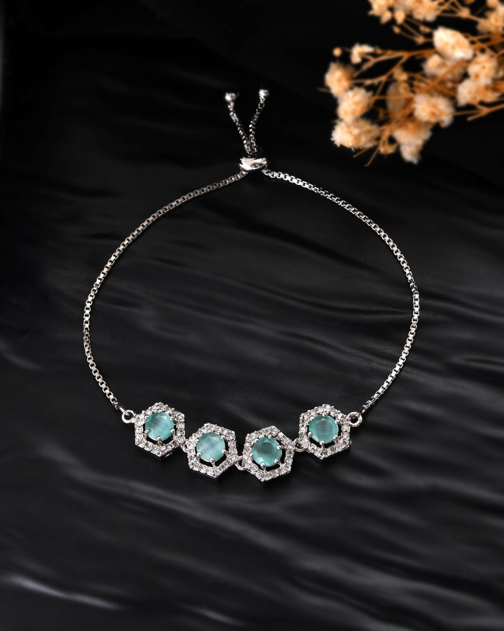 Jewels Nest Mint Green Stone Diamond-Style Adjustable Bracelet For Women
