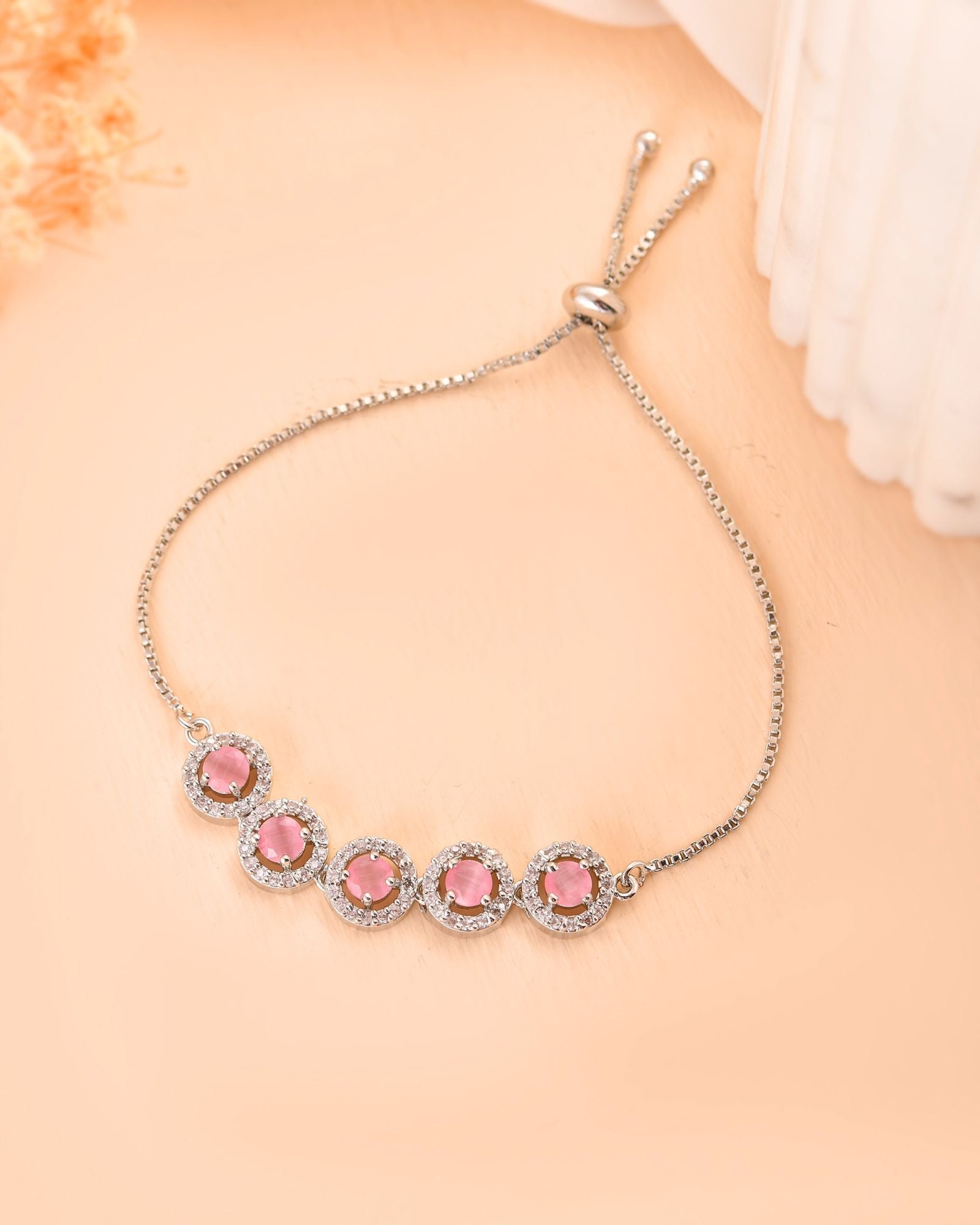 Jewels Nest Silver Plated Pink Stone Adjustable Bracelet