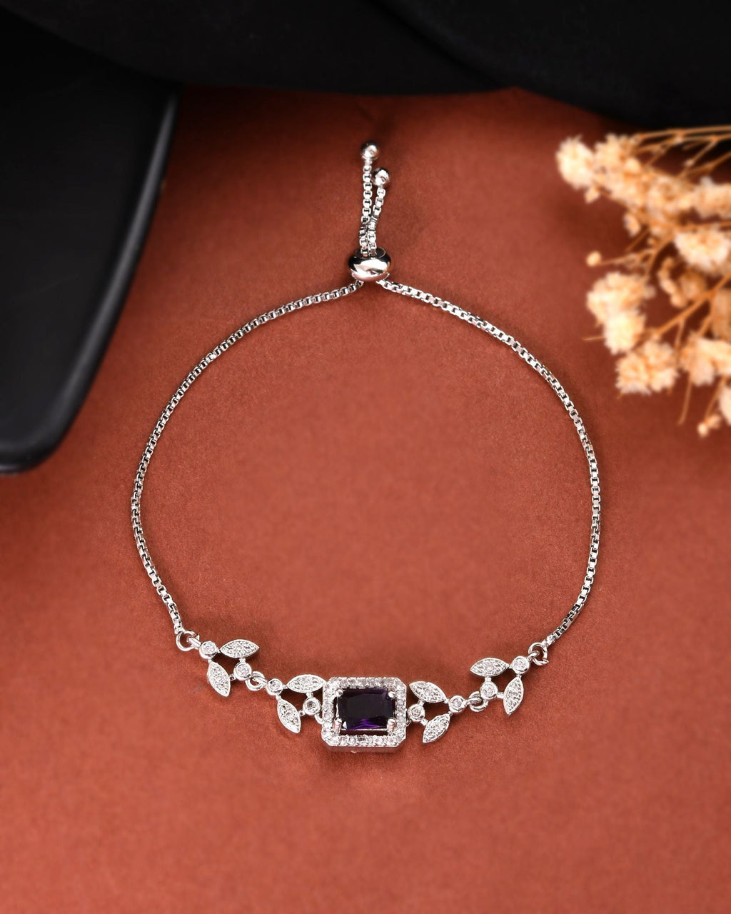 Jewels Nest Silver Plated Emerald Purple Stone Floral Bracelet
