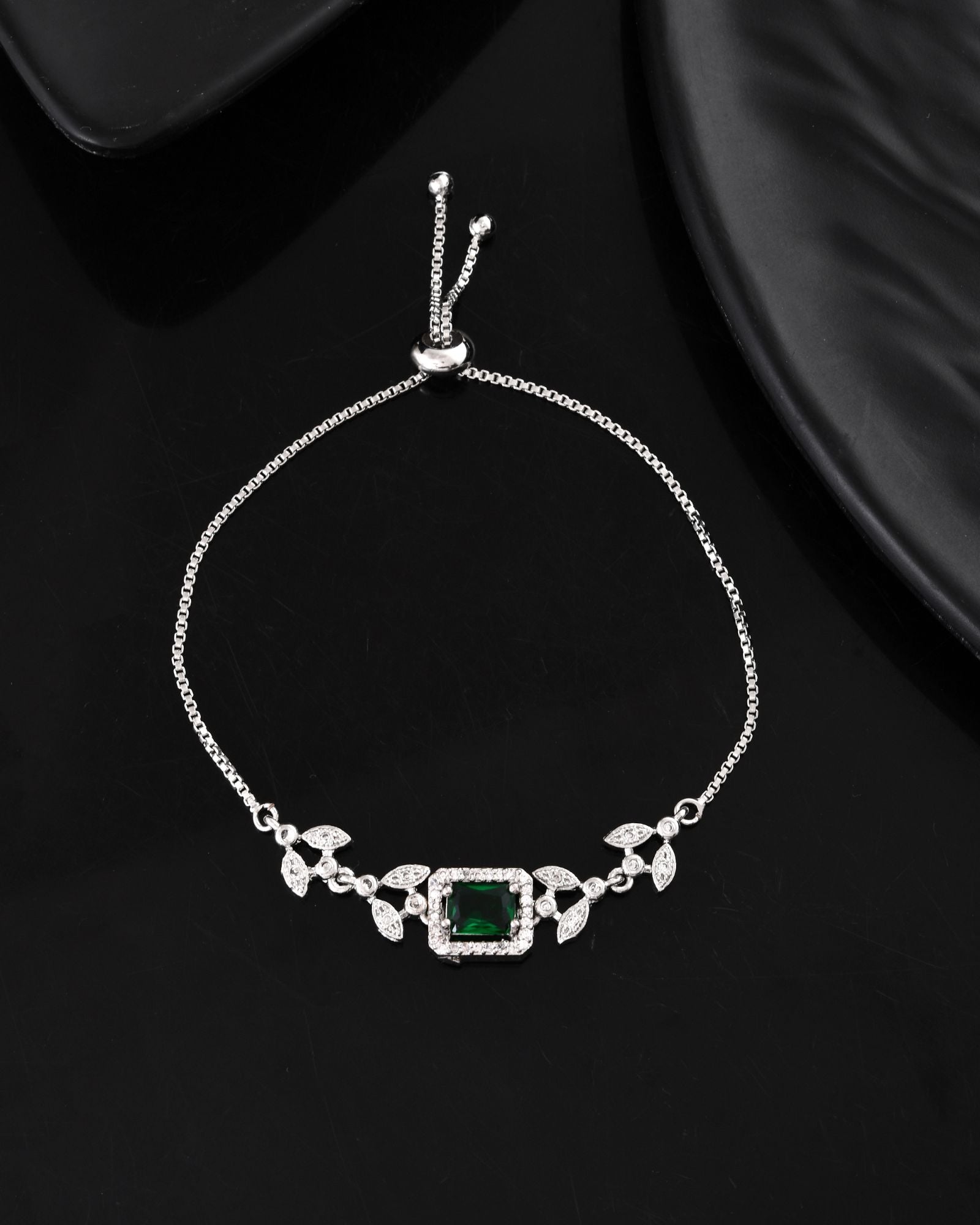Jewels Nest Silver Plated Green Stone Adjustable Statement Bracelet