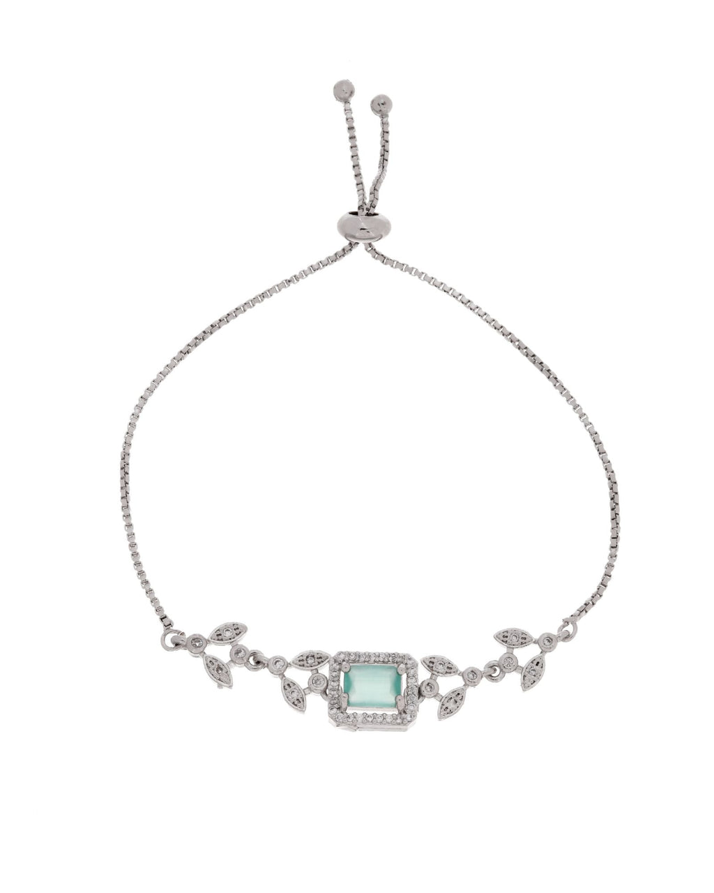 Jewels Nest Silver Plated Green Stone Adjustable Bracelet With Leaf Cz Design