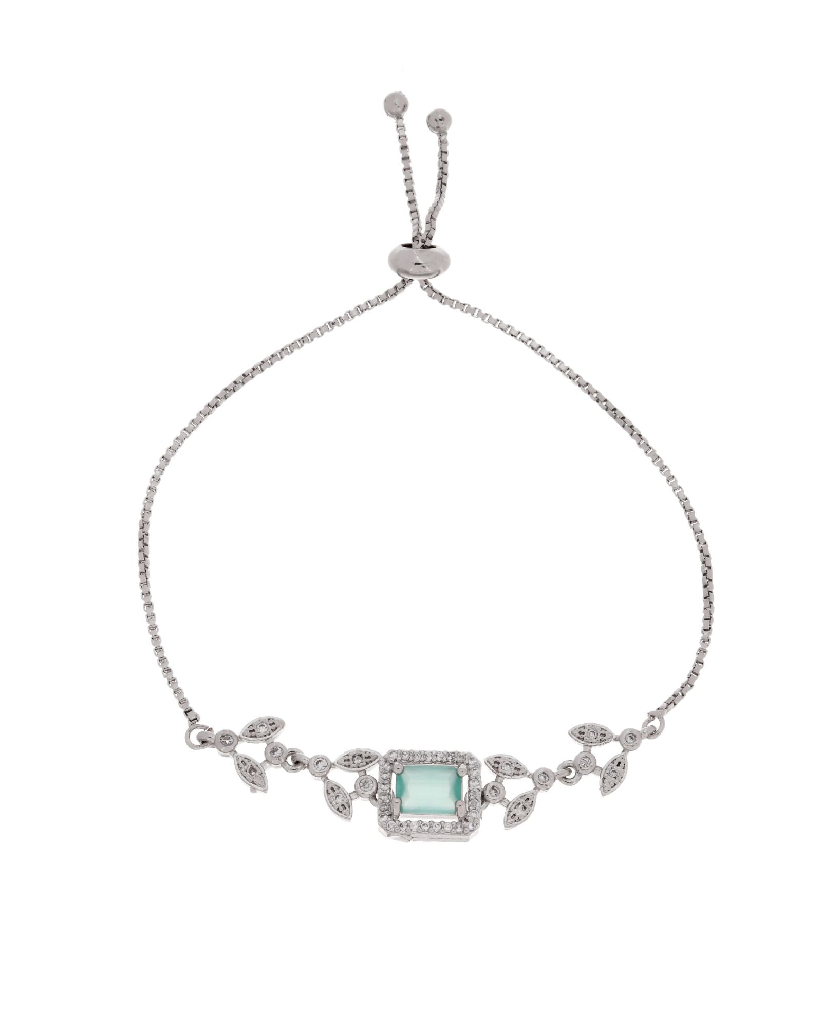 Jewels Nest Silver Plated Green Stone Adjustable Bracelet With Leaf Cz Design