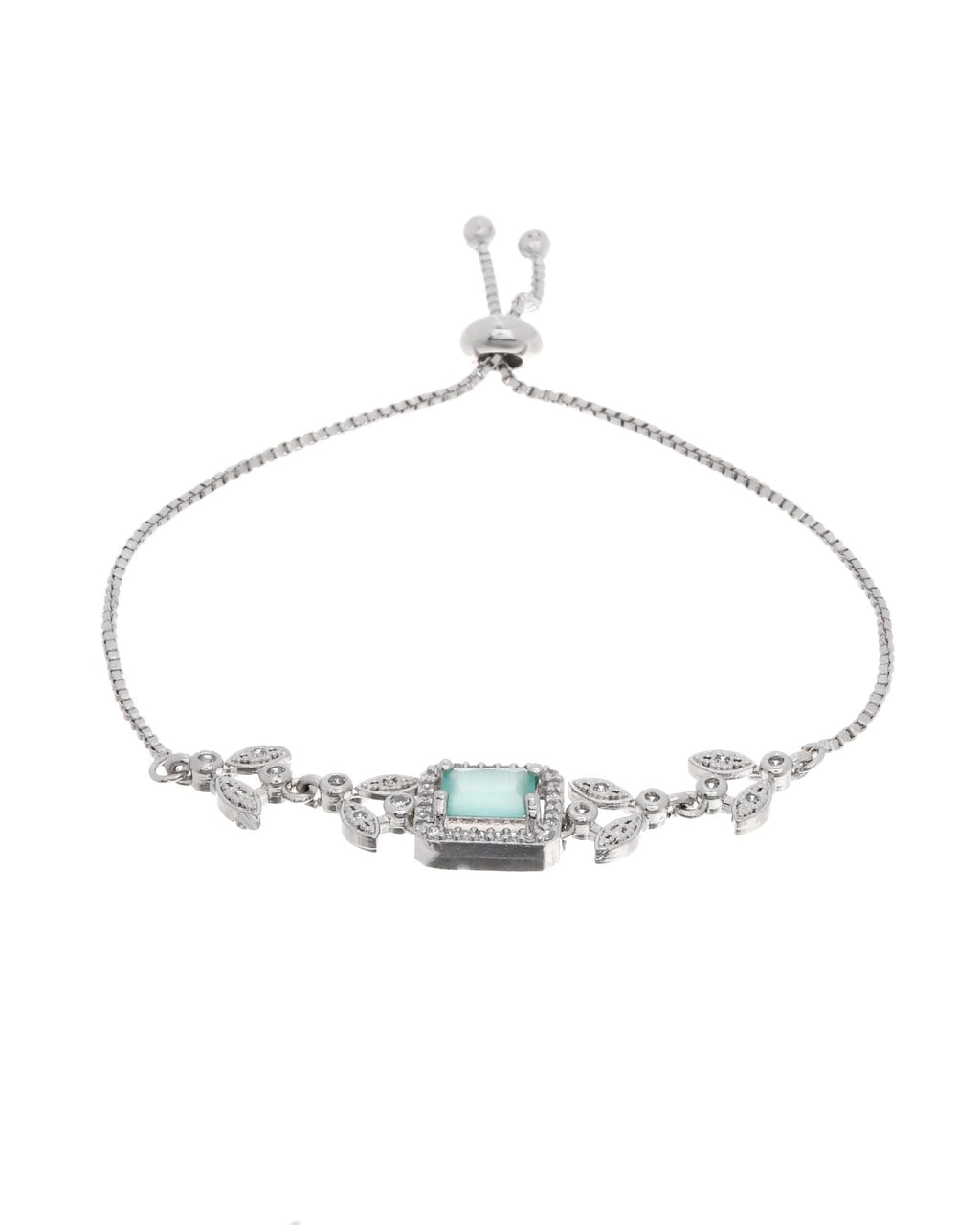 Jewels Nest Silver Plated Green Stone Adjustable Bracelet With Leaf Cz Design