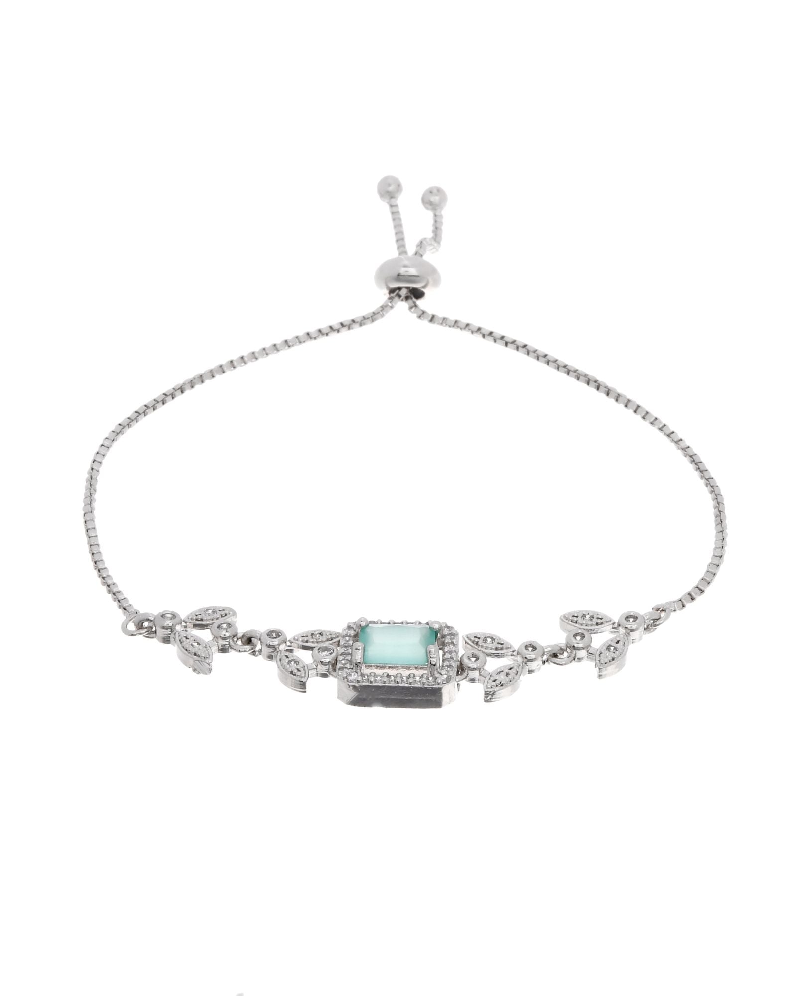 Jewels Nest Silver Plated Green Stone Adjustable Bracelet With Leaf Cz Design
