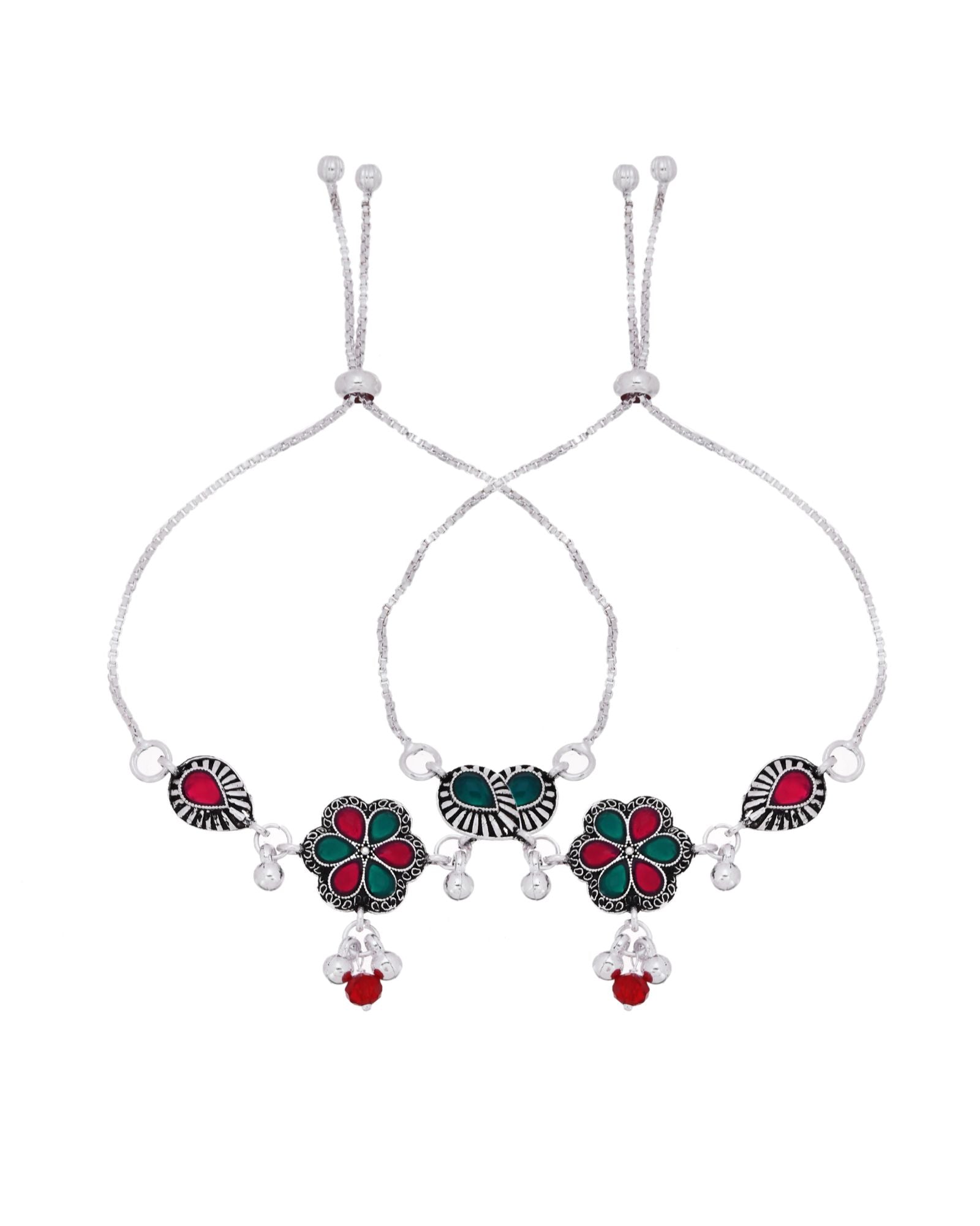 Jewels Nest Silver Plated Floral Stone Adjustable Anklet With Ghungroo Charms For Women