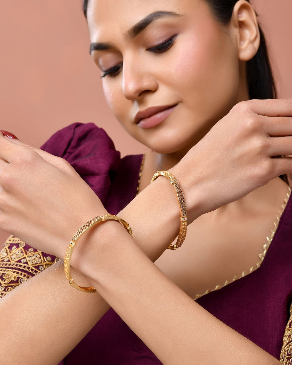 Jewels Nest Gold Finish Filigree Design Bangles For Women | Traditional Designer Pair