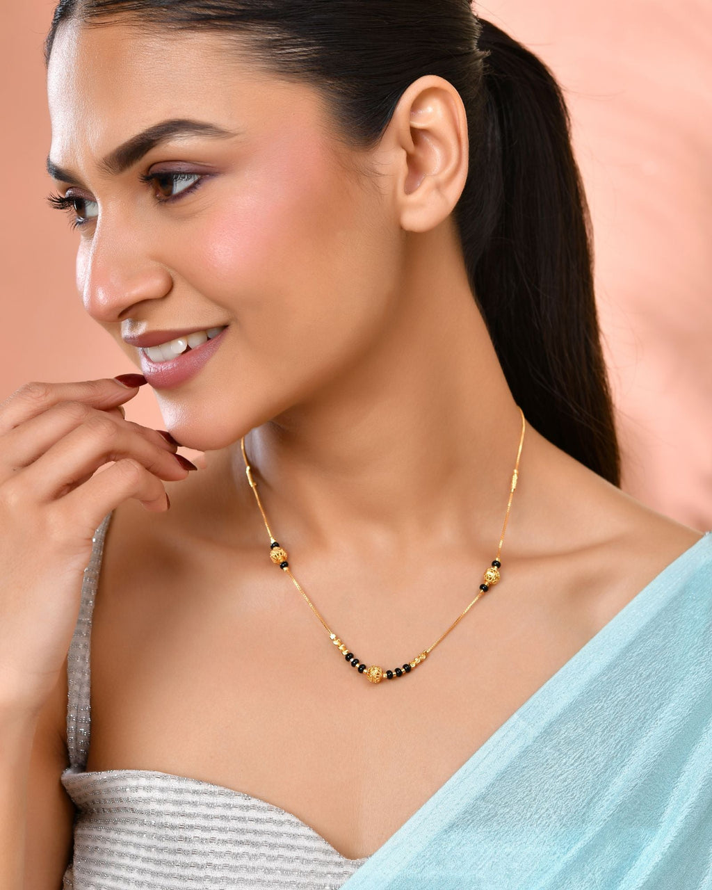 Jewels Nest Elegant Gold-Plated Black Beads Mangalsutra Necklace