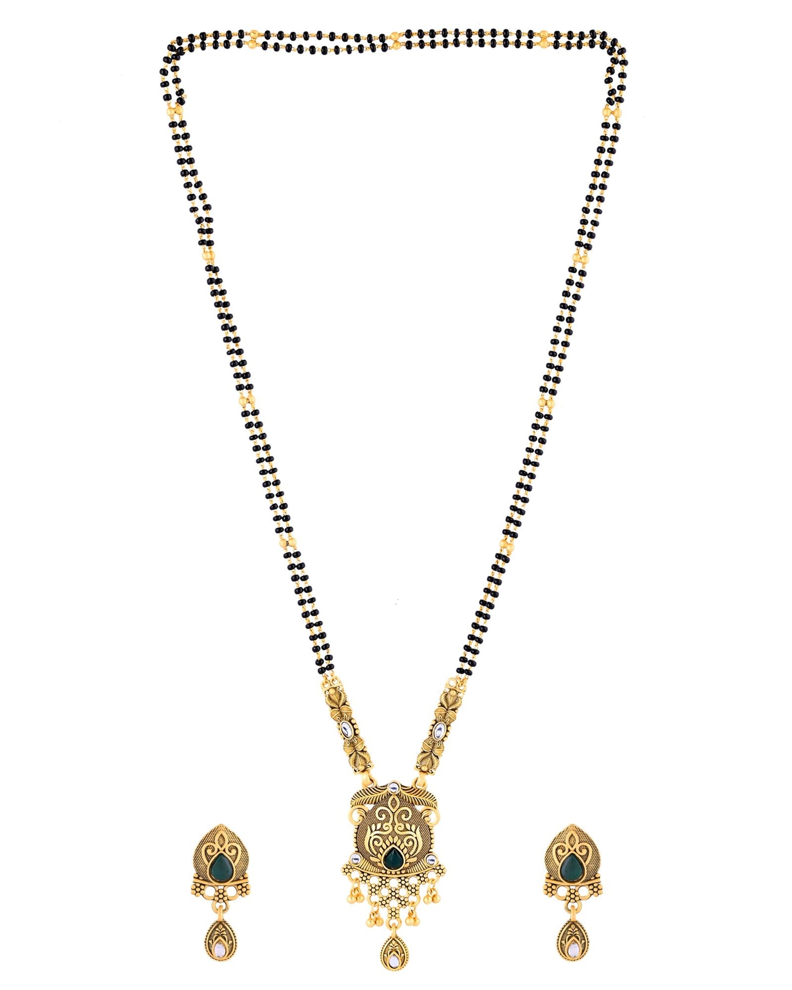 Jewels Nest Antique Gold-Plated Green Stone Mangalsutra Set For Women