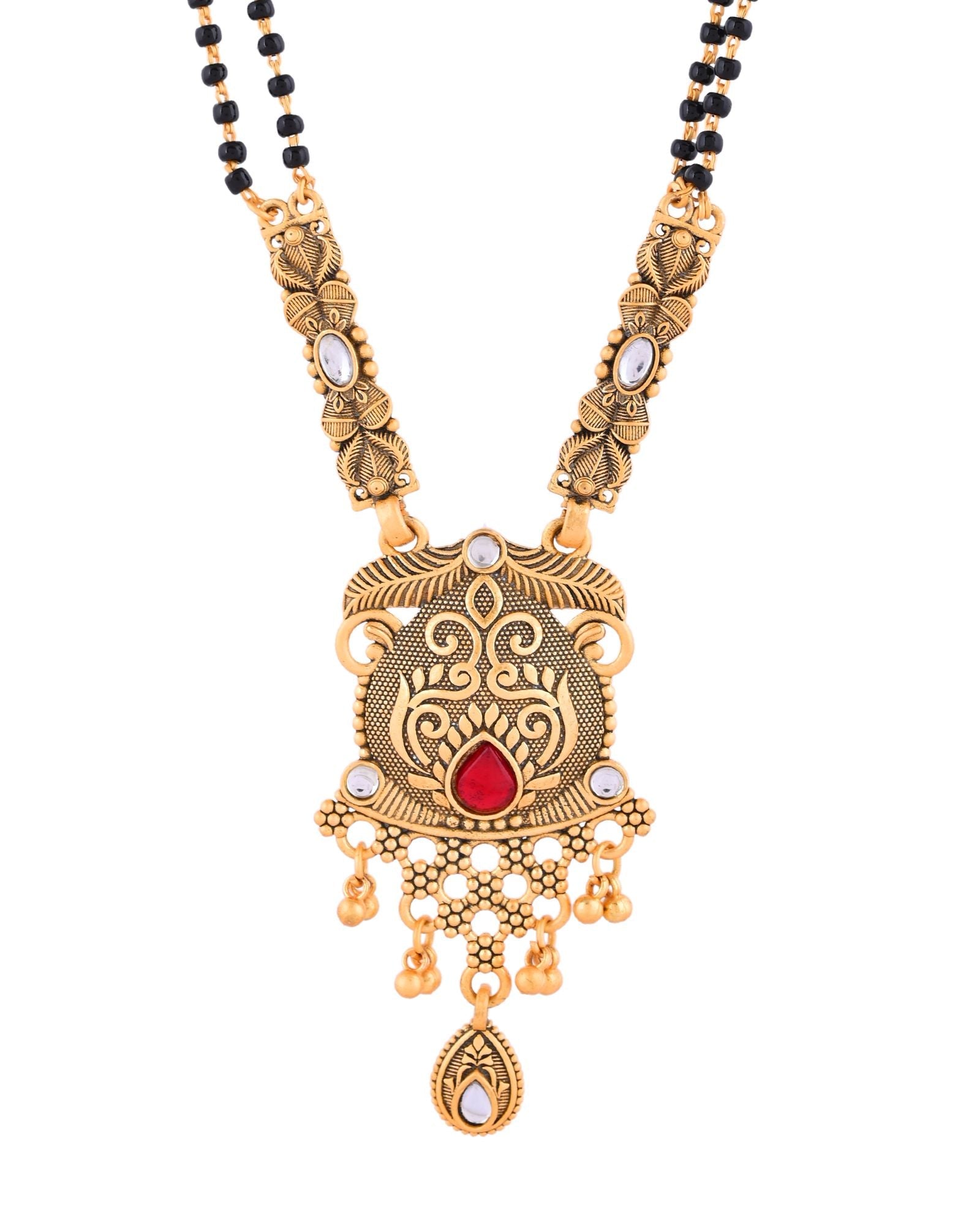 Jewels Nest Antique Gold-Plated Red Stone Temple Mangalsutra Set For Women