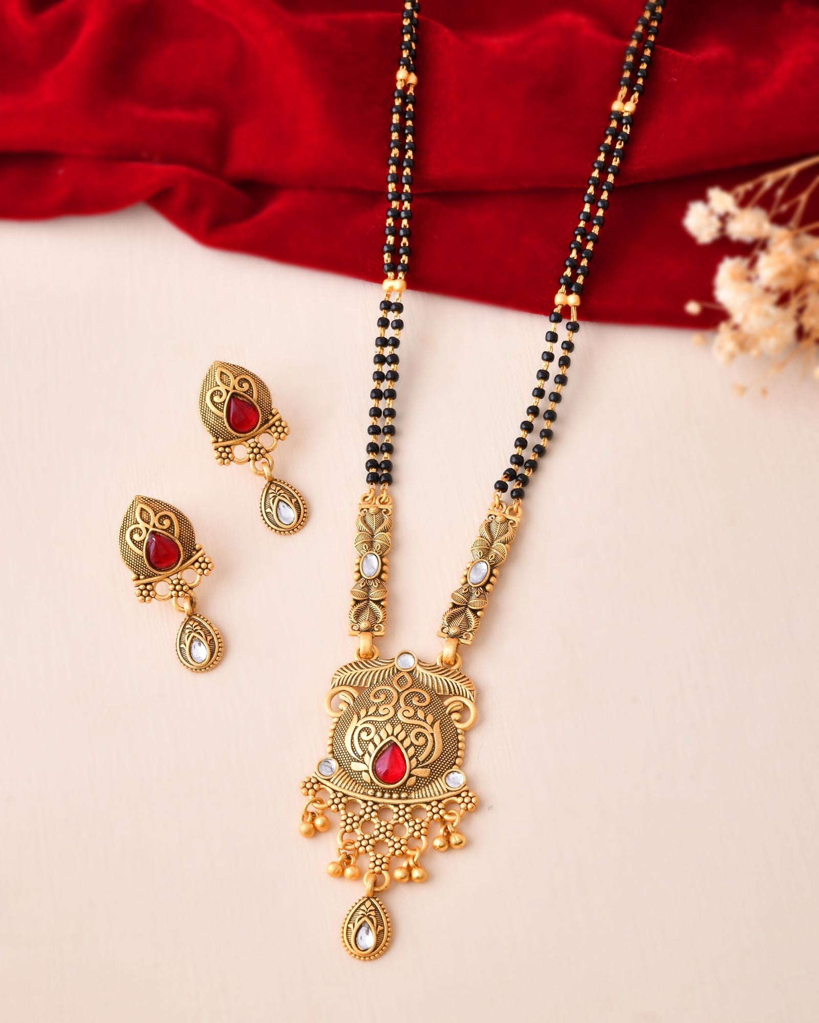 Jewels Nest Antique Gold-Plated Red Stone Temple Mangalsutra Set For Women