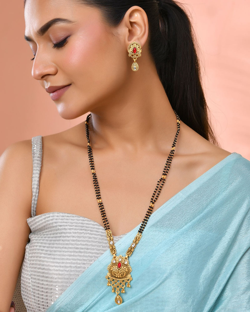 Jewels Nest Antique Gold-Plated Red Stone Temple Mangalsutra Set For Women