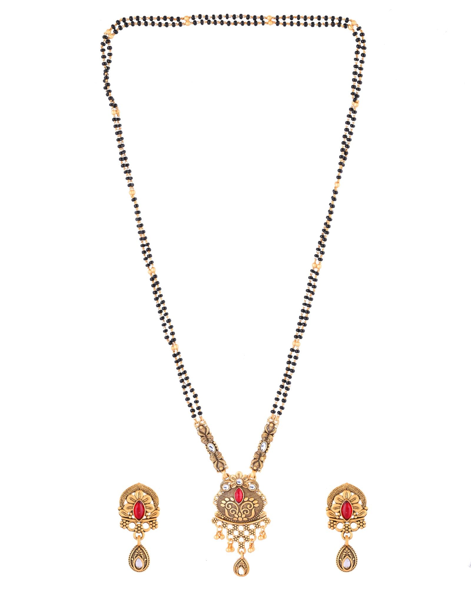 Jewels Nest Antique Gold-Plated Red Stone Temple Mangalsutra Set For Women