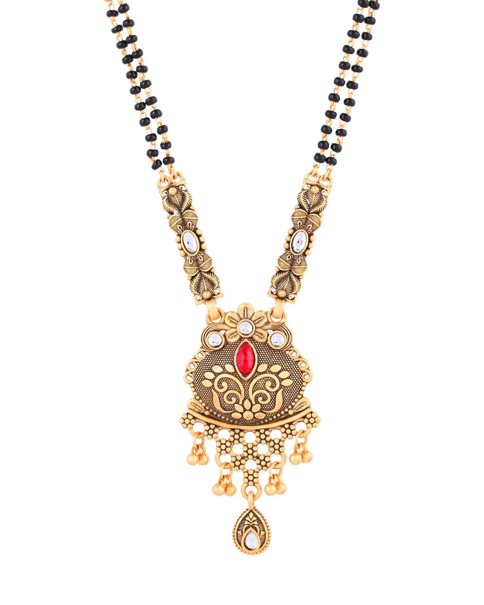 Jewels Nest Antique Gold-Plated Red Stone Temple Mangalsutra Set For Women