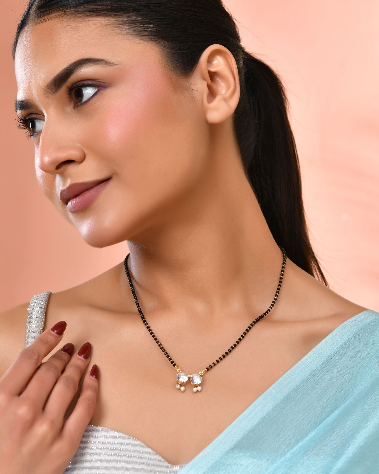 Jewels Nest Minimal Gold-Plated White Stone Mangalsutra For Women