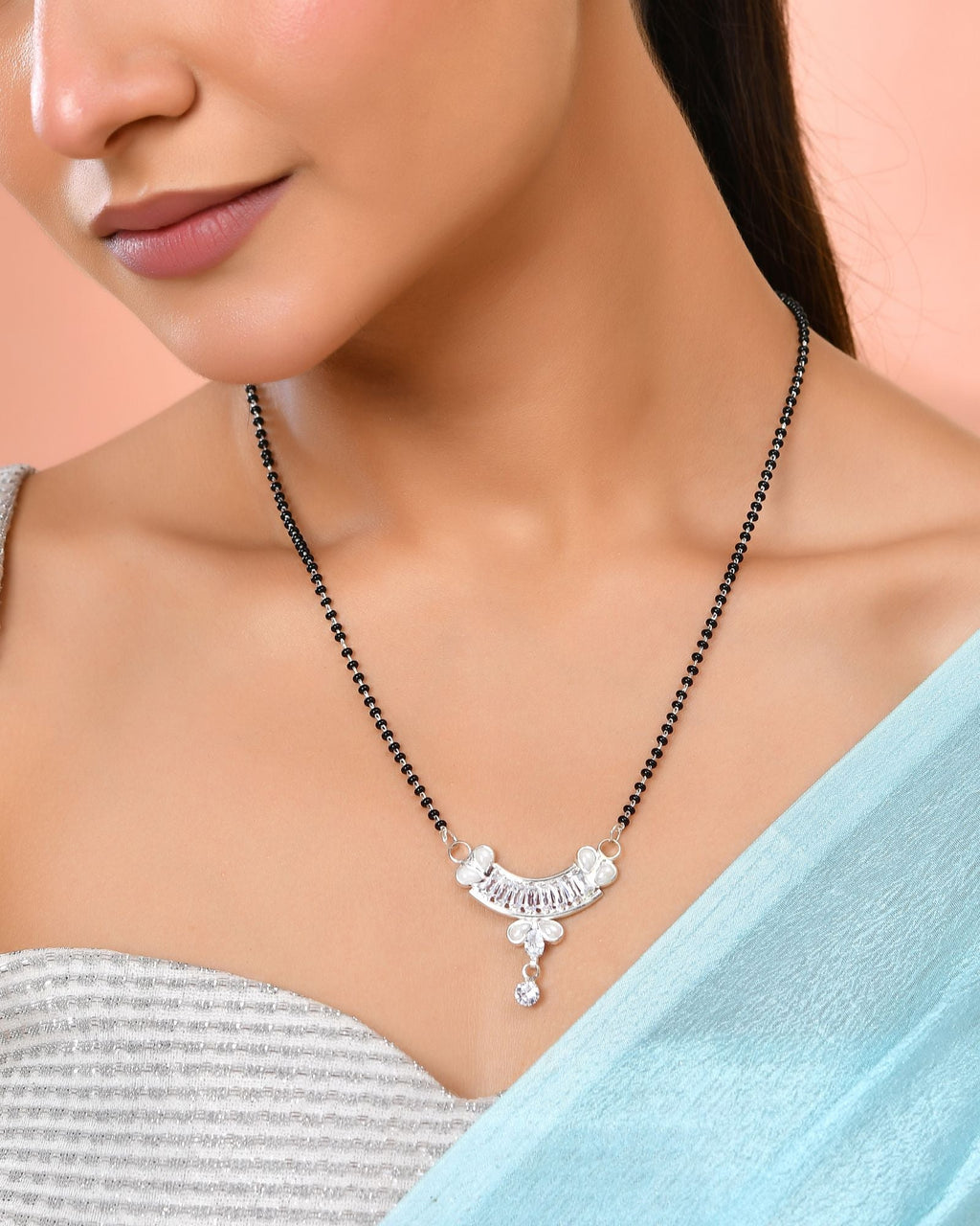 Jewels Nest Minimal Silver-Tone White Stone Mangalsutra With Elegant Curved Pendant
