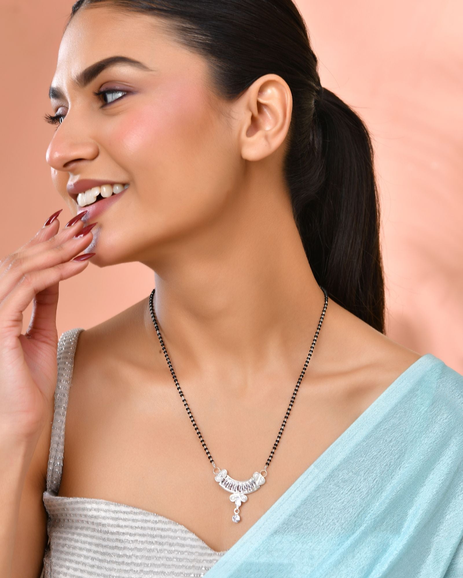 Jewels Nest Minimal Silver-Tone White Stone Mangalsutra With Elegant Curved Pendant