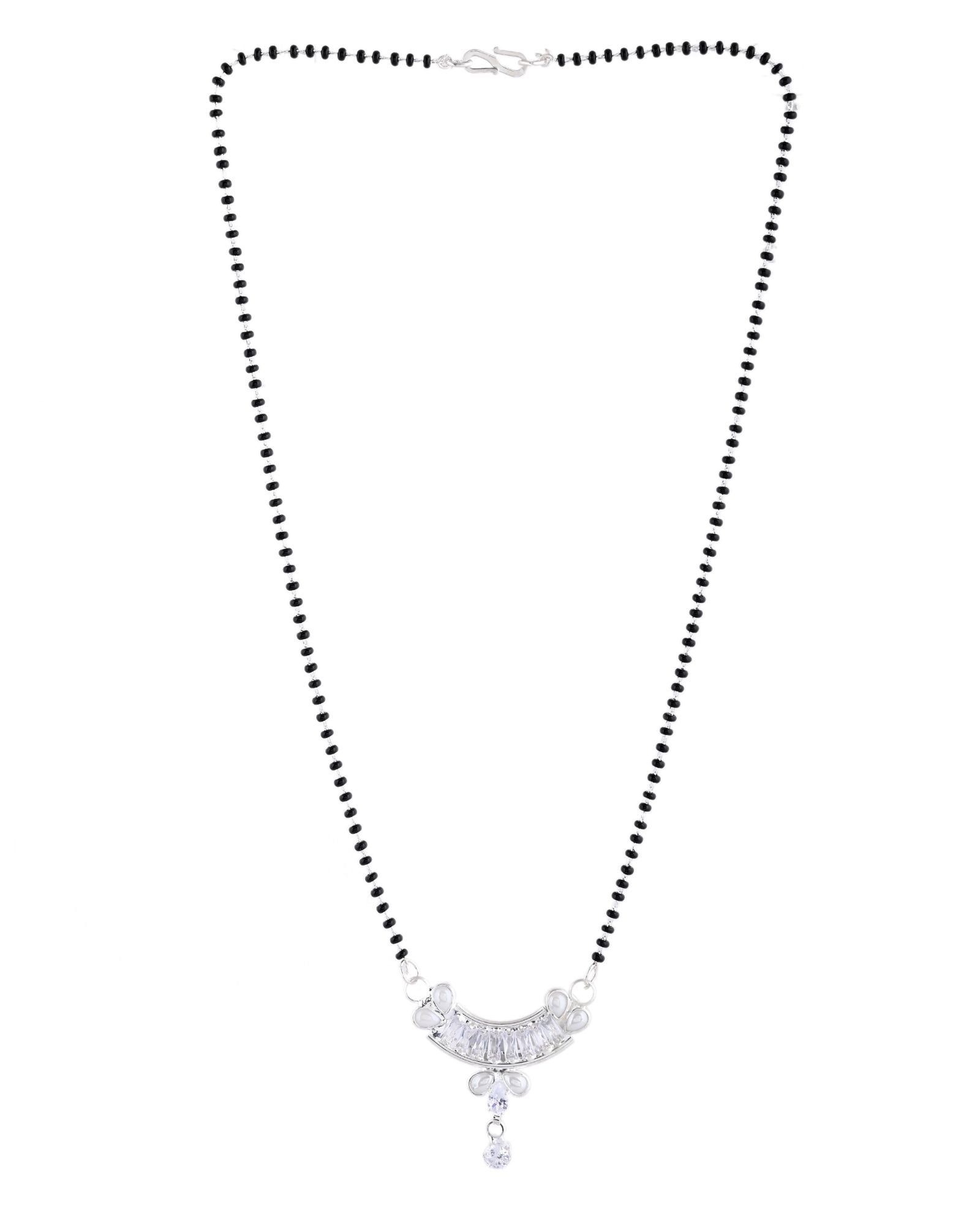 Jewels Nest Minimal Silver-Tone White Stone Mangalsutra With Elegant Curved Pendant