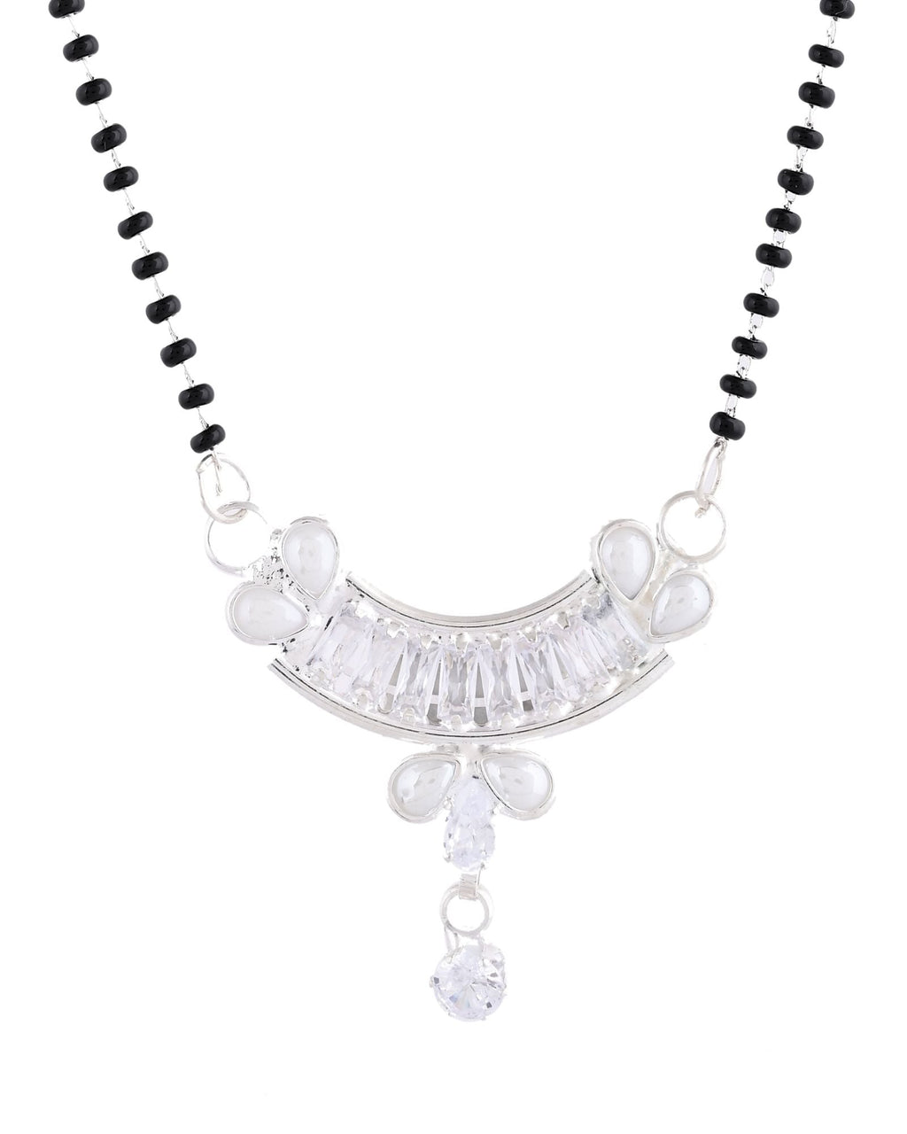 Jewels Nest Minimal Silver-Tone White Stone Mangalsutra With Elegant Curved Pendant