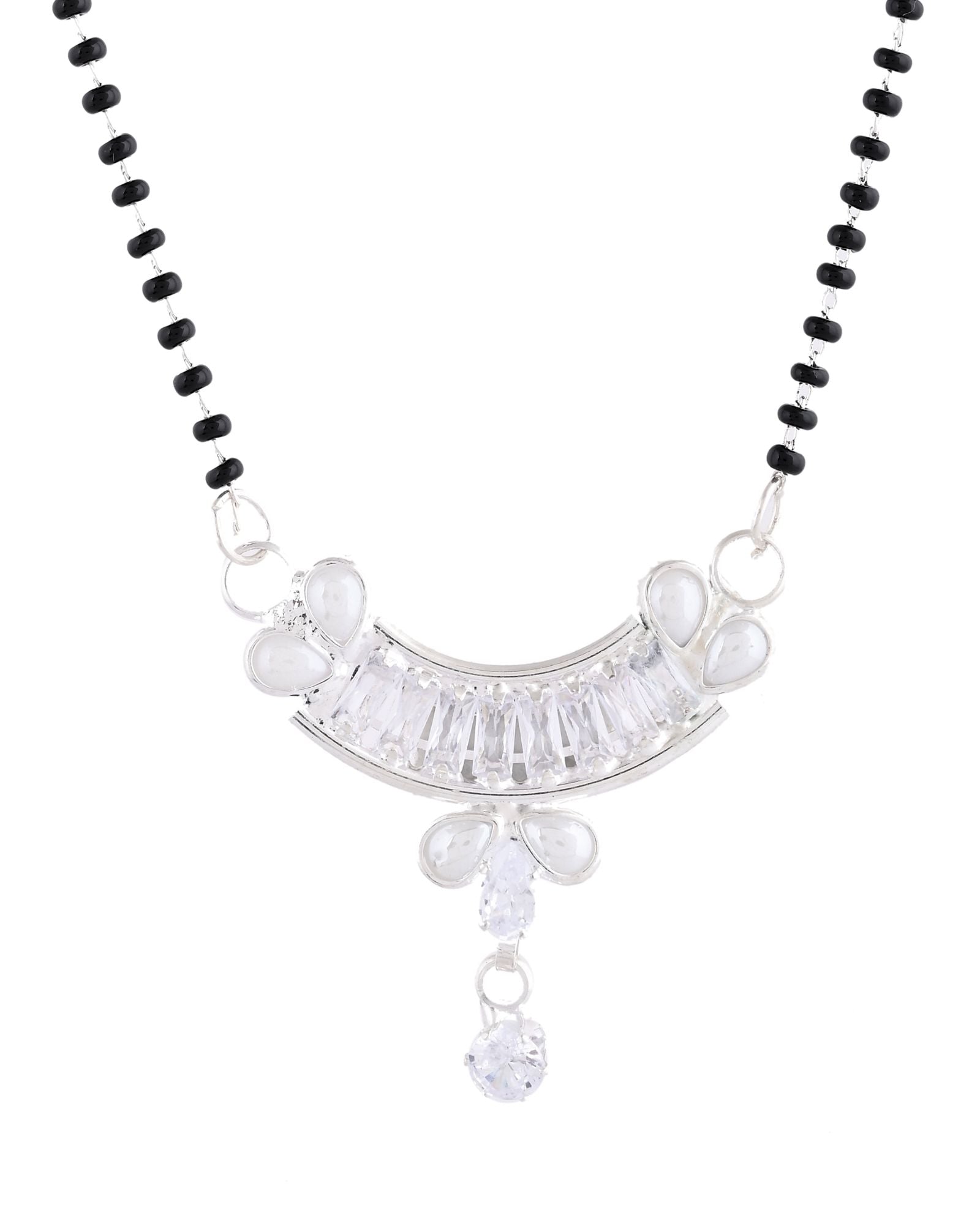 Jewels Nest Minimal Silver-Tone White Stone Mangalsutra With Elegant Curved Pendant