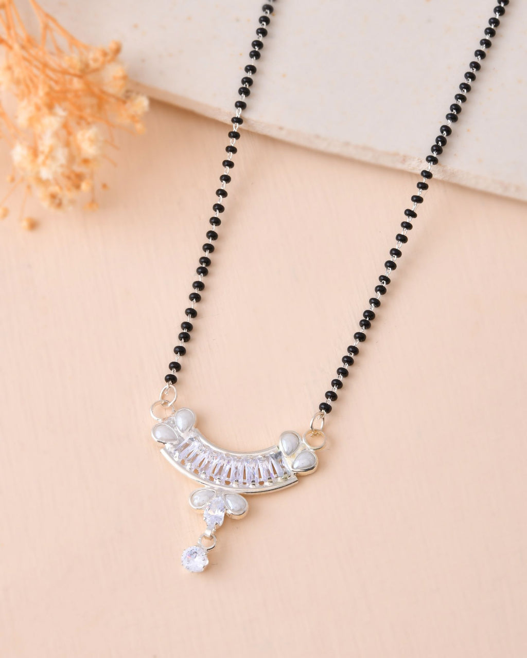 Jewels Nest Minimal Silver-Tone White Stone Mangalsutra With Elegant Curved Pendant