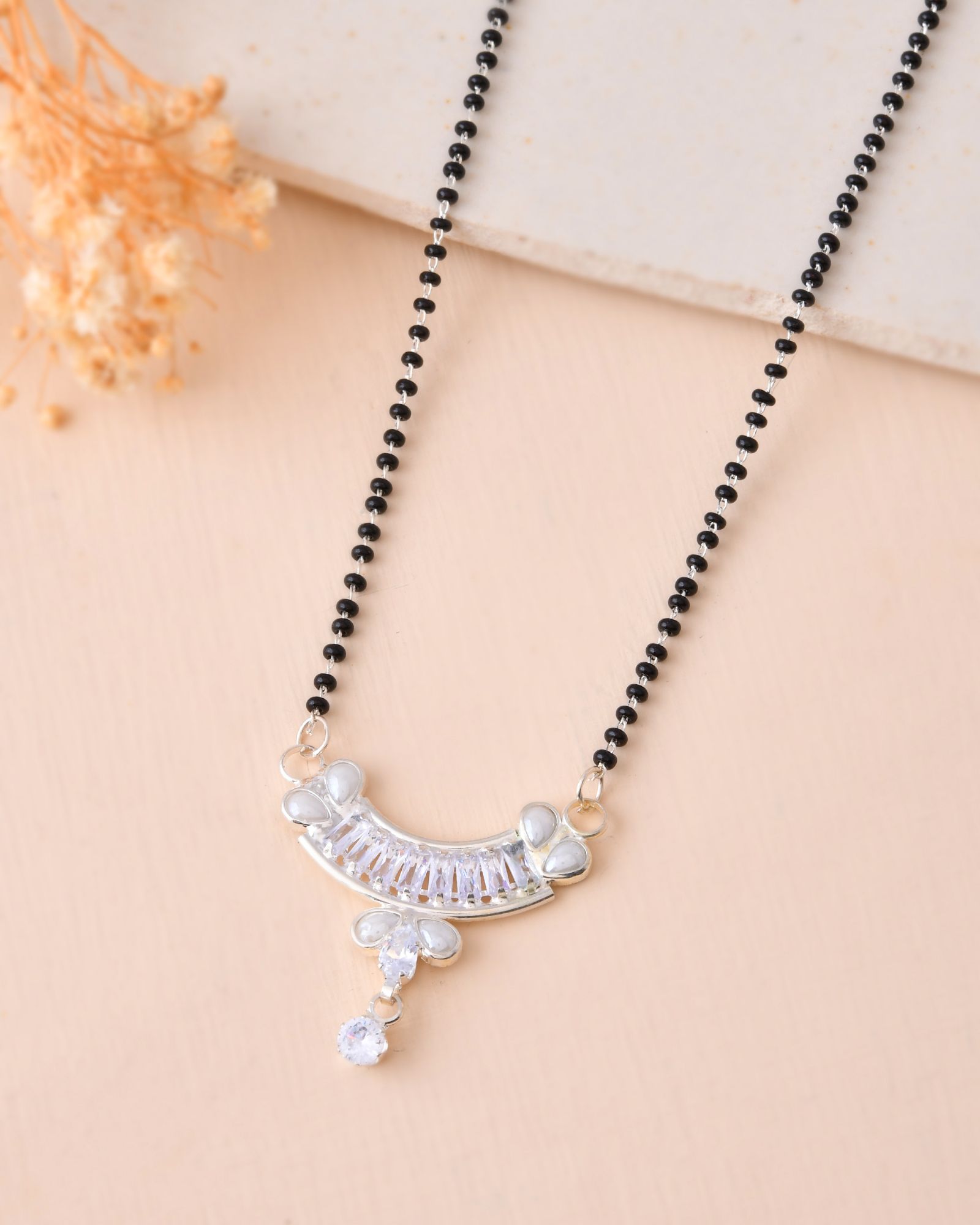 Jewels Nest Minimal Silver-Tone White Stone Mangalsutra With Elegant Curved Pendant