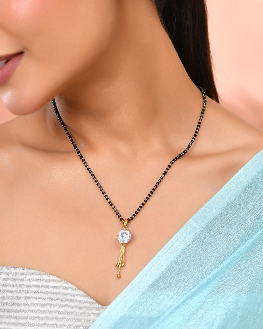 Jewels Nest Classic Gold-Tone White Stone Mangalsutra With Single Drop Tassel Pendant