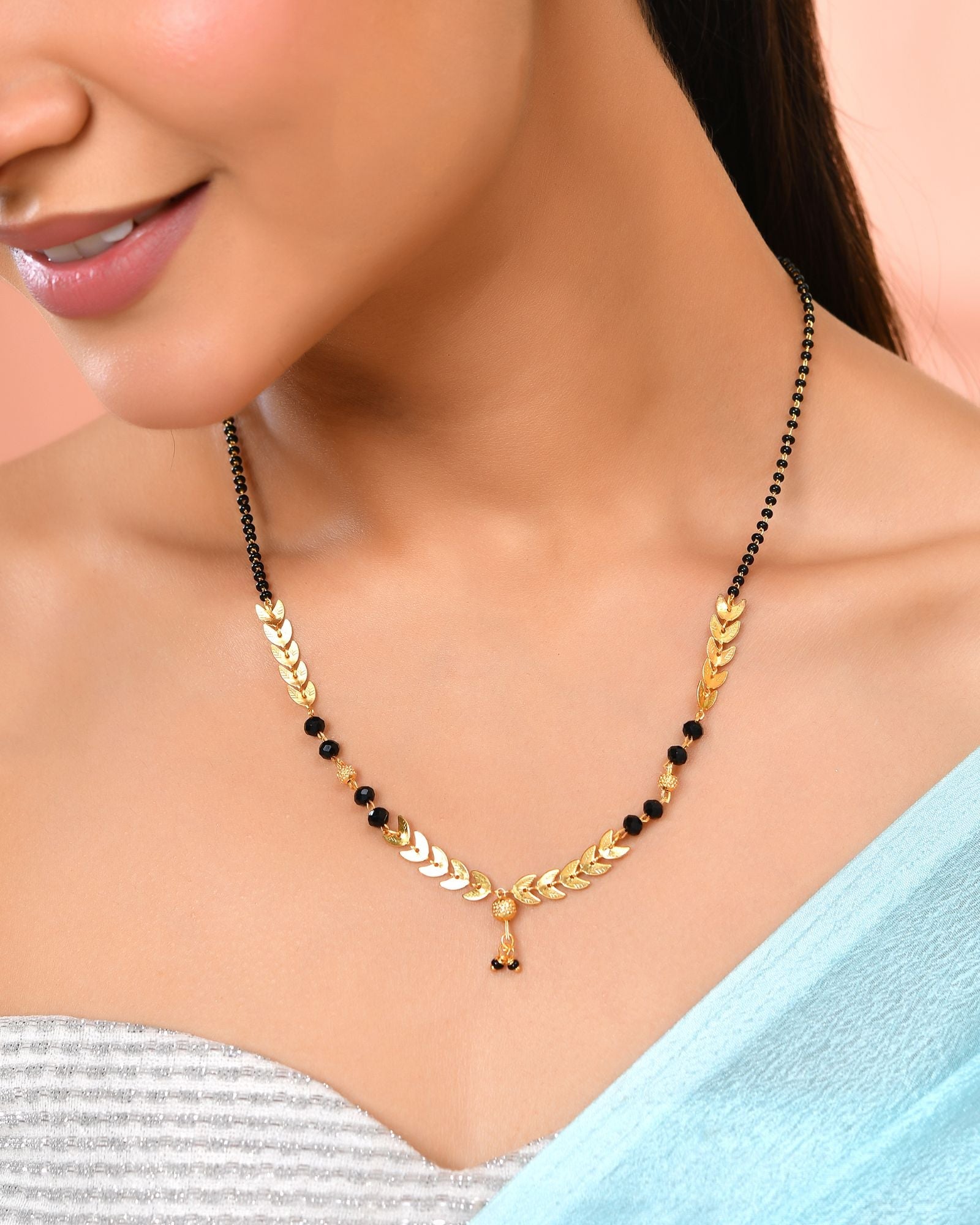 Jewels Nest Gold-Tone Leaf Design Black Beads Mangalsutra For Daily Wear