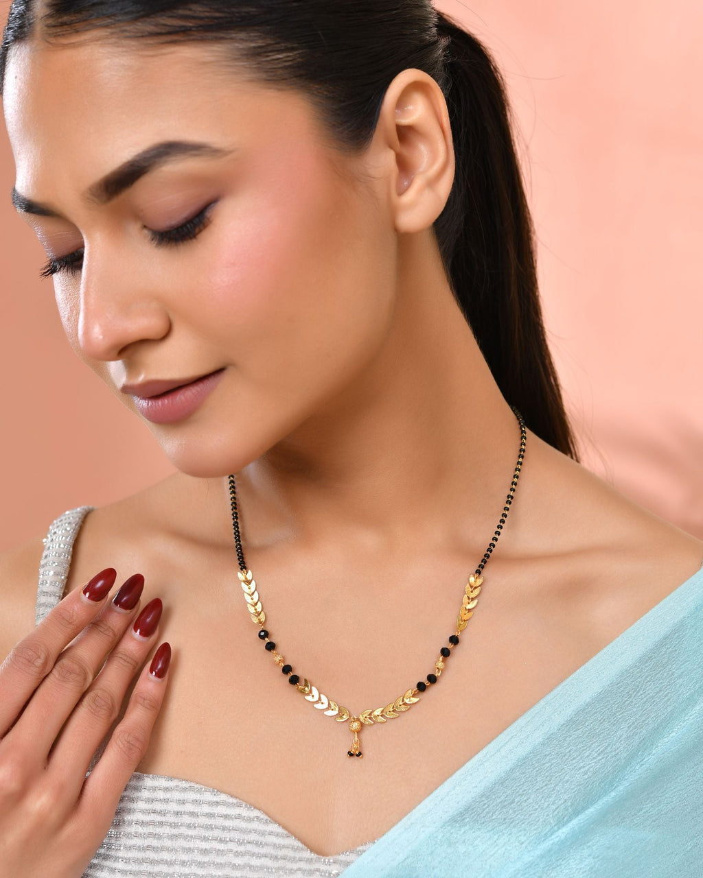 Jewels Nest Gold-Tone Leaf Design Black Beads Mangalsutra For Daily Wear