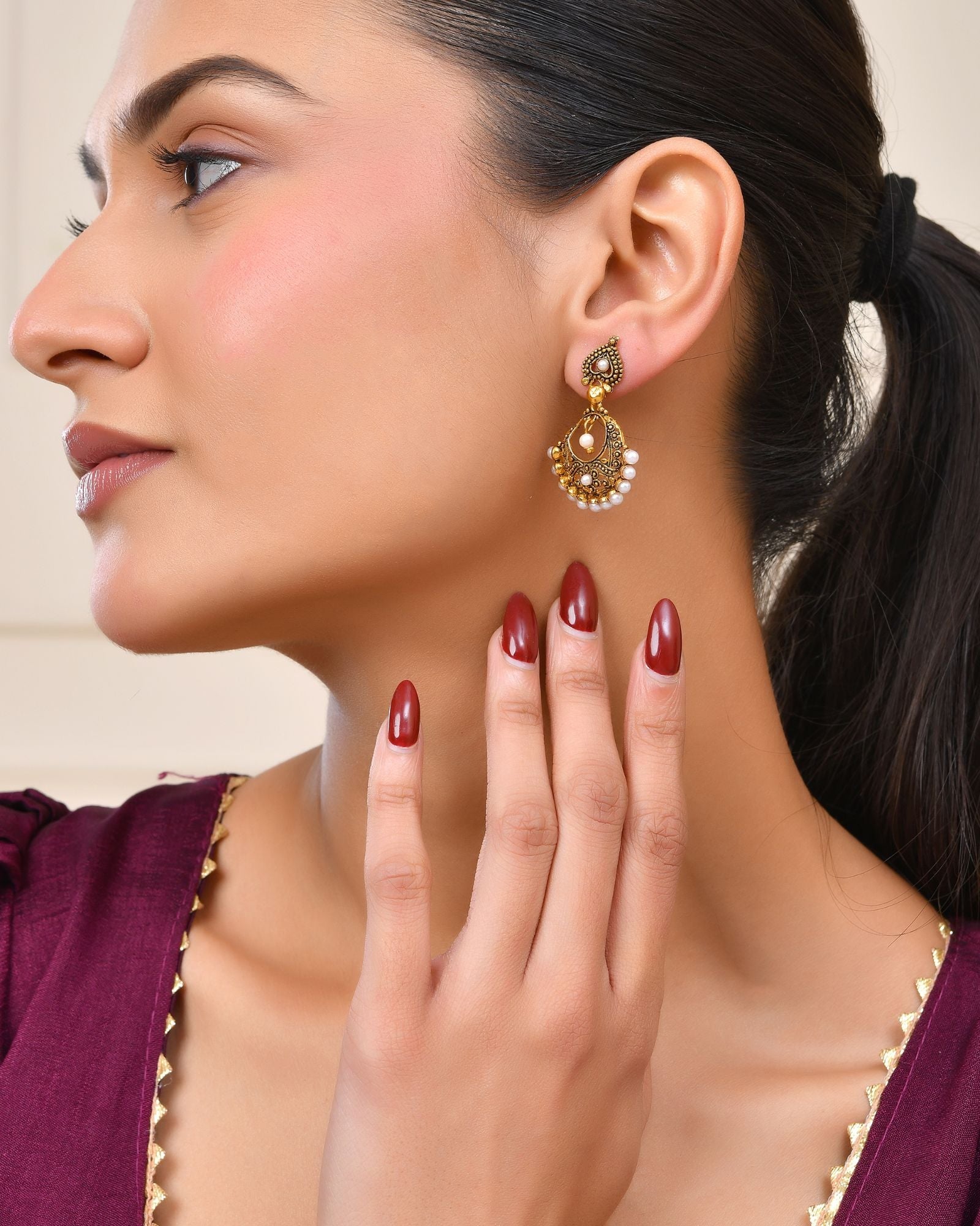 Jewels Nest Gold-Tone Oxidised Pearl Drop Chandbali Earrings