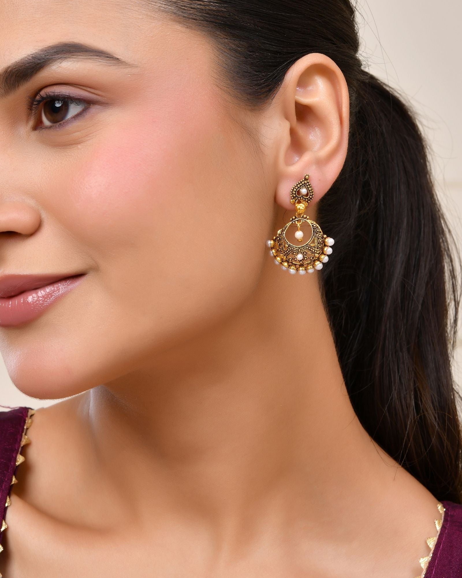 Jewels Nest Gold-Tone Oxidised Pearl Drop Chandbali Earrings