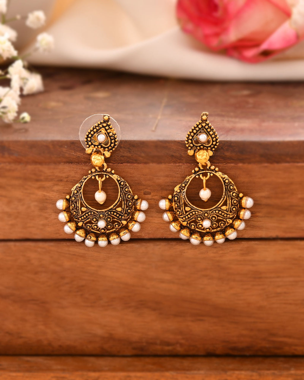 Jewels Nest Gold-Tone Oxidised Pearl Drop Chandbali Earrings