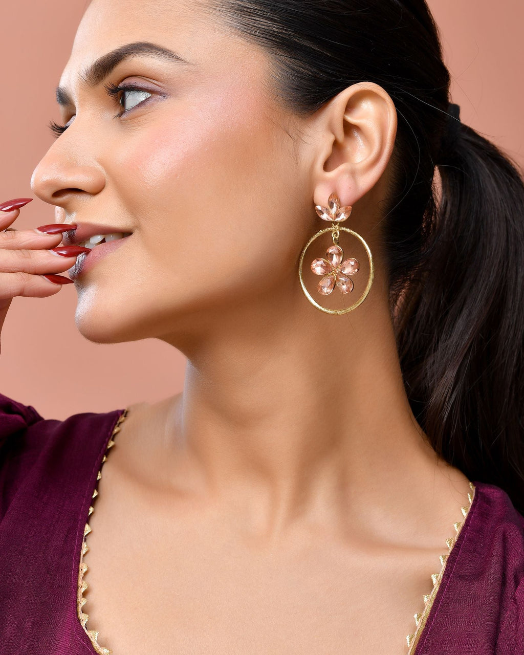 Jewels Nest Gold-Tone Peach Crystal Floral Hoop Earrings For Women