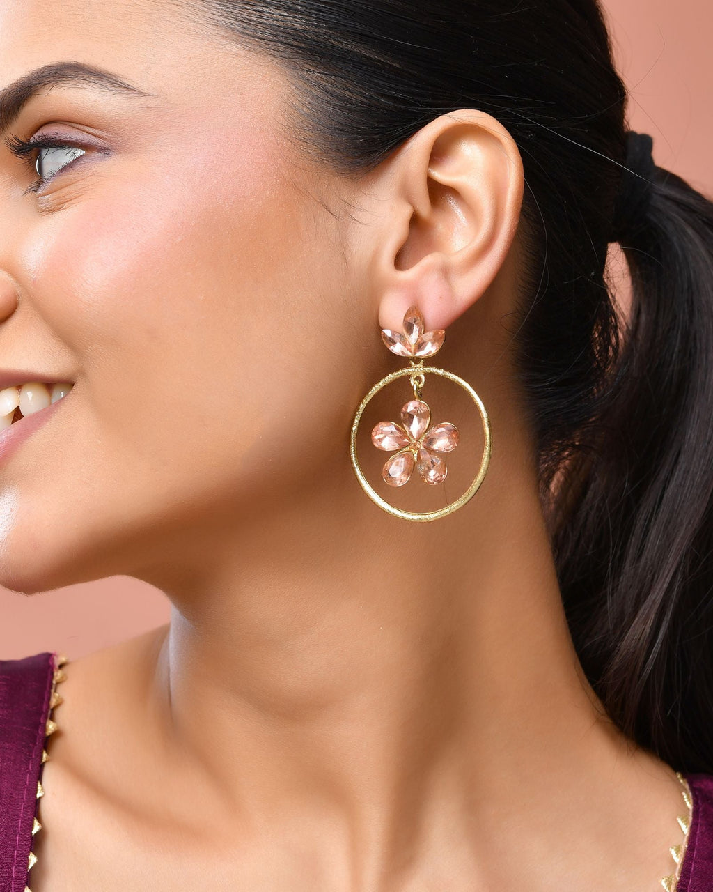 Jewels Nest Gold-Tone Peach Crystal Floral Hoop Earrings For Women