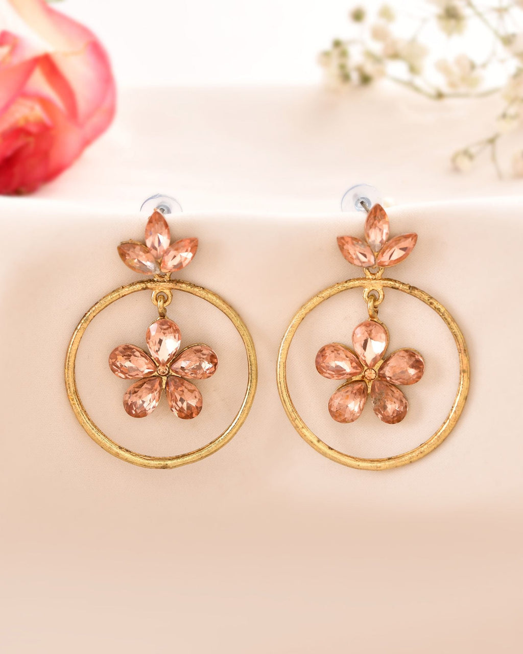 Jewels Nest Gold-Tone Peach Crystal Floral Hoop Earrings For Women