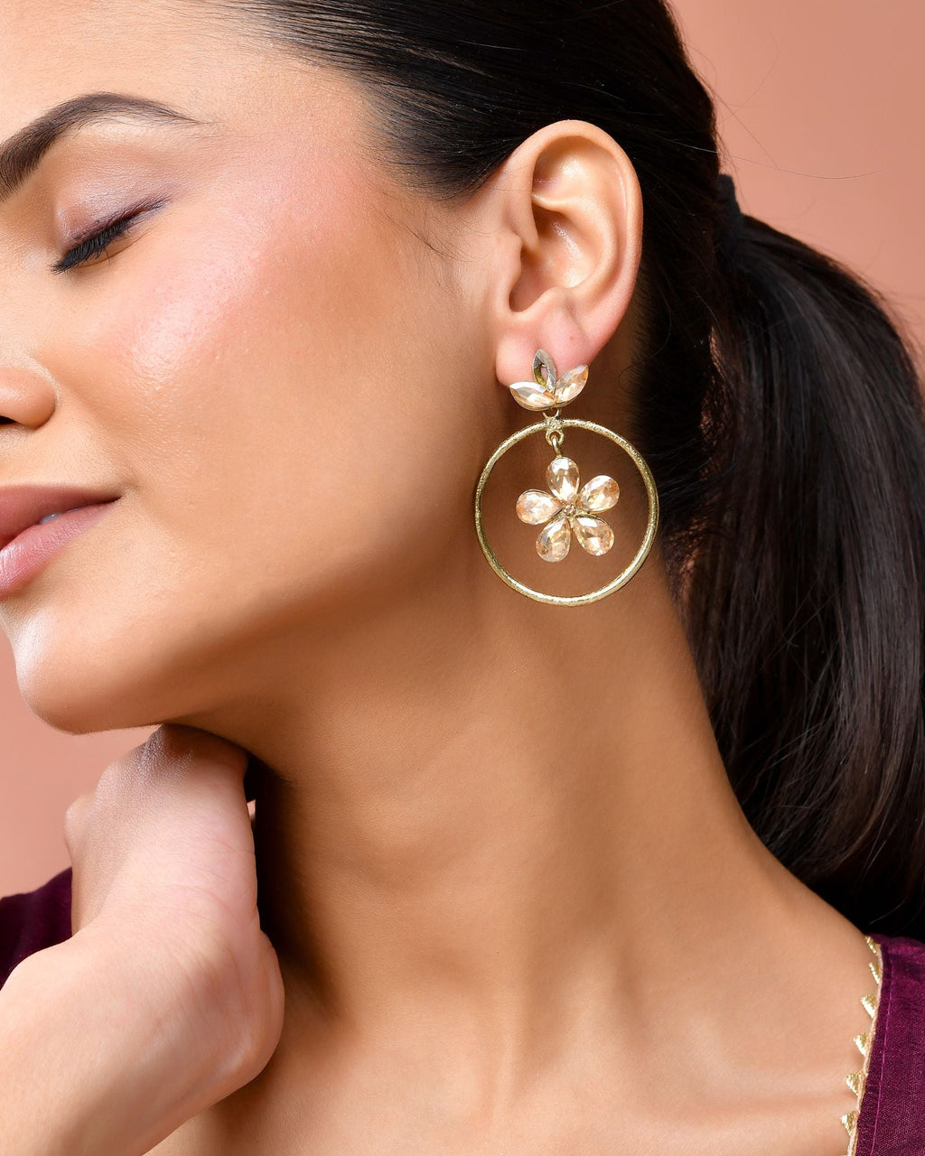 Jewels Nest Gold-Tone Champagne Crystal Floral Hoop Earrings For Women