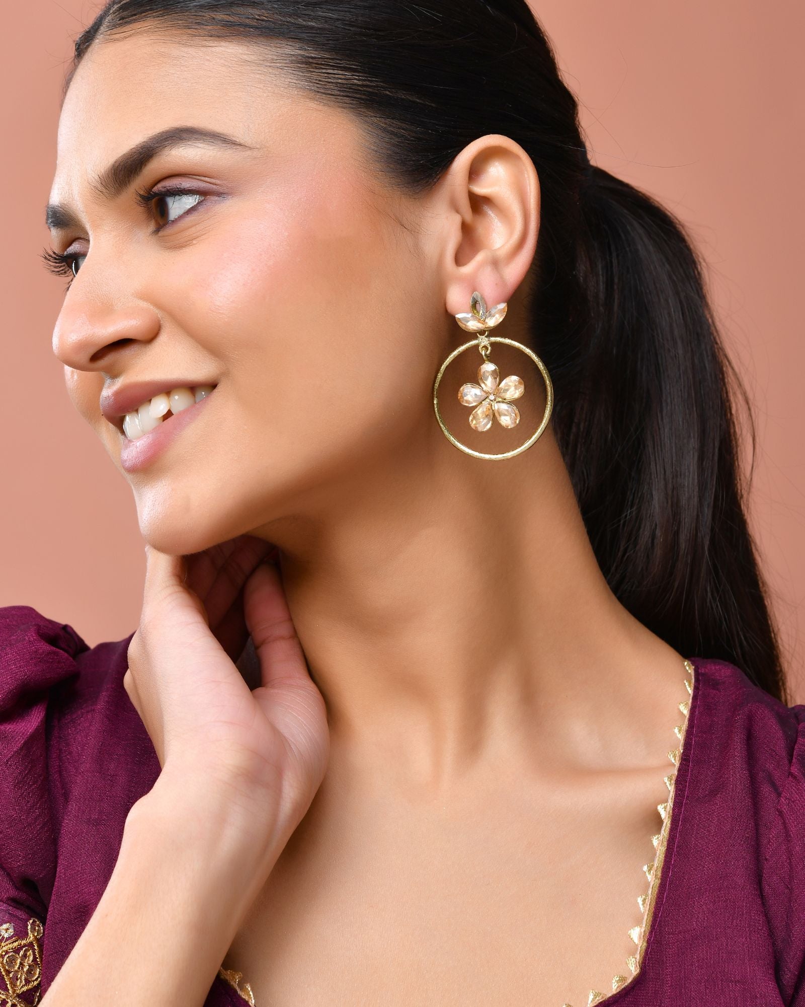Jewels Nest Gold-Tone Champagne Crystal Floral Hoop Earrings For Women