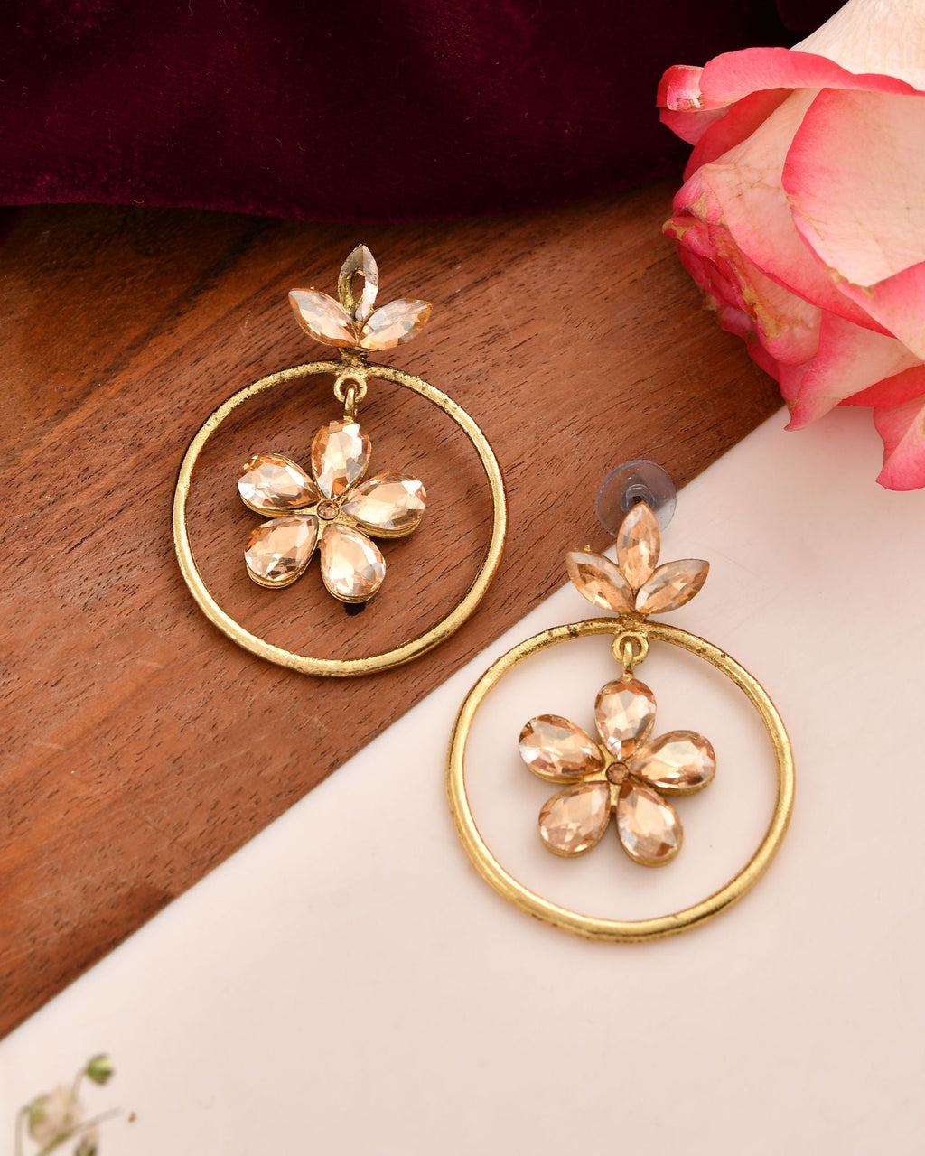 Jewels Nest Gold-Tone Champagne Crystal Floral Hoop Earrings For Women