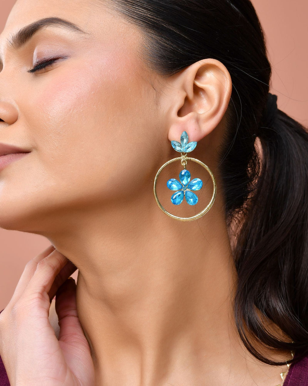 Jewels Nest Gold-Tone Blue Crystal Floral Hoop Earrings For Women